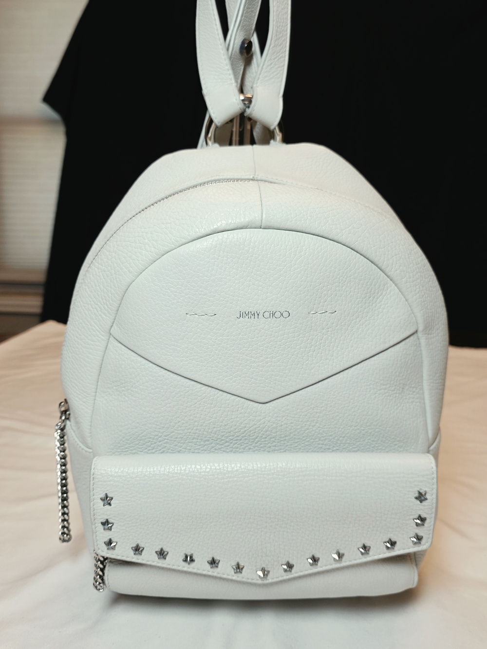 Jimmy Choo Cathy Star Studs Leather Backpack – White/Ice Blue – Made in Italy